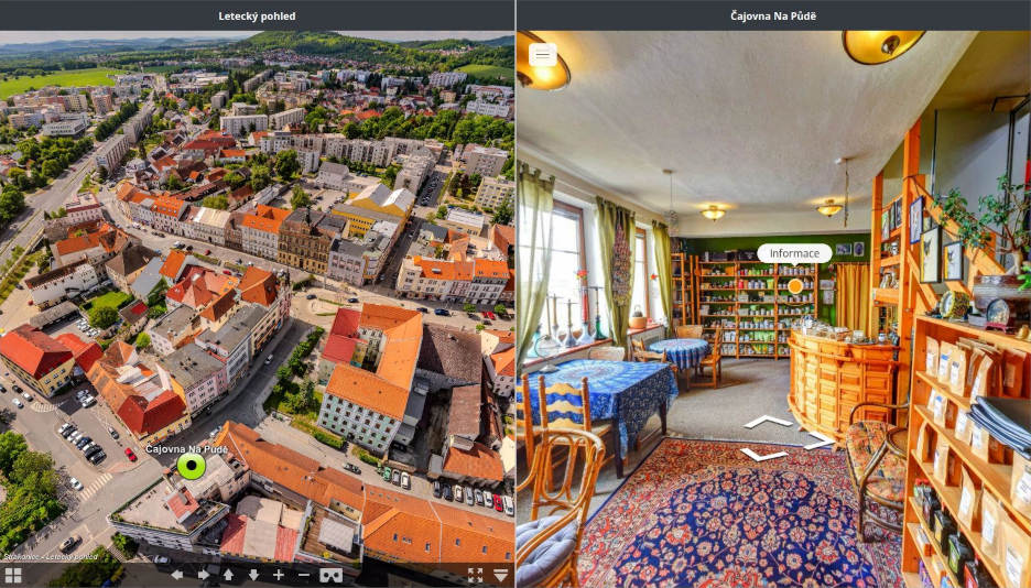 Virtuální prohlídka interiéru a letecký podle na centrum Strakonic